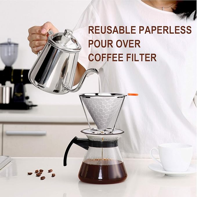 Pour Over Coffee Dripper, Stainless Steel Filter, Easy to Clean Paperless Pour Over Coffee Maker,Reusable Filter, Cone Dripper with Removable Cup Stand