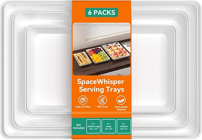 SpaceWhisper 6 Pack Serving Tray, Serving Platters for Snacks, Fruit, Cookies, Dessert, Large Reusable Rectangular Party Platters,3 Size Set Large 16"*11",Medium 14"*9",Small 12"*7"