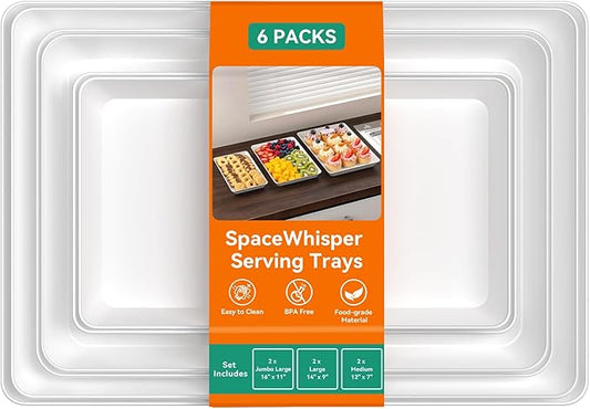 SpaceWhisper 6 Pack Serving Tray, Serving Platters for Snacks, Fruit, Cookies, Dessert, Large Reusable Rectangular Party Platters,3 Size Set Large 16"*11",Medium 14"*9",Small 12"*7"