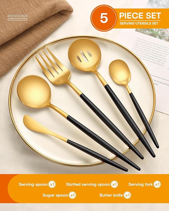 EUIRIO 5PCS Large Serving Utensils Set, Matte Black Gold Flatware Serving Utensils, Heavy Duty Stainless Steel Serving Spoon, Slotted Spoon, Serving Fork, Sugar Spoon&Butter Knife, Dishwasher Safe