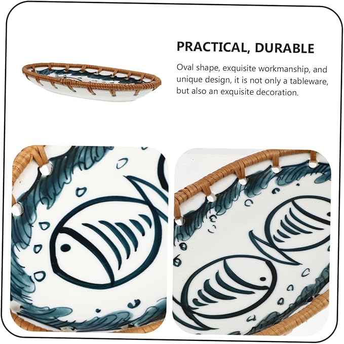 Japanese Style Rattan Serving Plate Ceramic Appetizer Dish Decorative Tray Trays for Kitchen Retro Porcelain