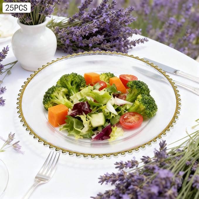 25 Pcs Clear Acrylic Round Charger Plates with Gold Trim Plastic Charger Plate Bulk for Dinner Table Plate for Parties Wedding Décor Placemats,13 Inch (25pcs-Gold-1)