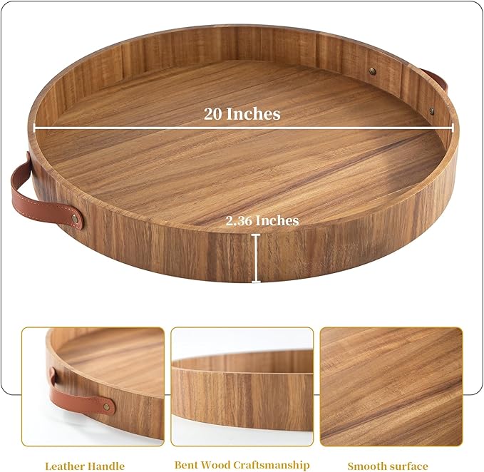 Ottoman Tray with Handles, 20 Inches Round Large Tray for Ottoman Wooden Serving Tray Decorative Trays for Living Room Wooden Trays for Party, Dinner, Breakfast, Appetizers, Entertaining Guests