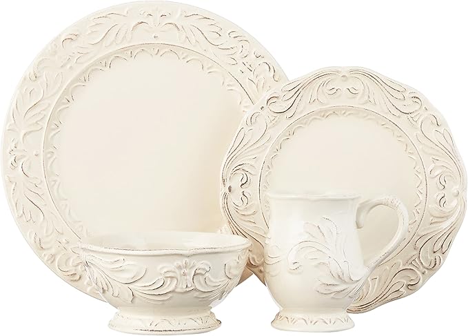 Firenze Ivory 16-Piece Ceramic Dinnerware Set, Service for 4 – Embossed Plates, Mugs & Bowls in Elegant Vintage White – Classic Everyday Dining Set for Rustic & Formal Tablescapes