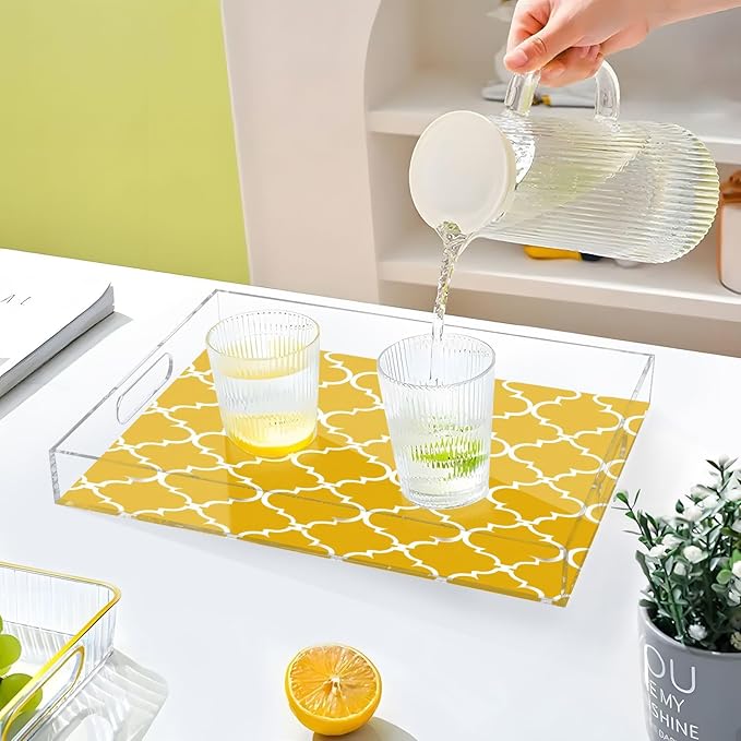 Serving Tray with Handles Clear Acrylic Tray 12x16 Inch Decorative Rectangular Tray Organizer for Ottoman Coffee Table Bathroom Yellow Quatrefoil