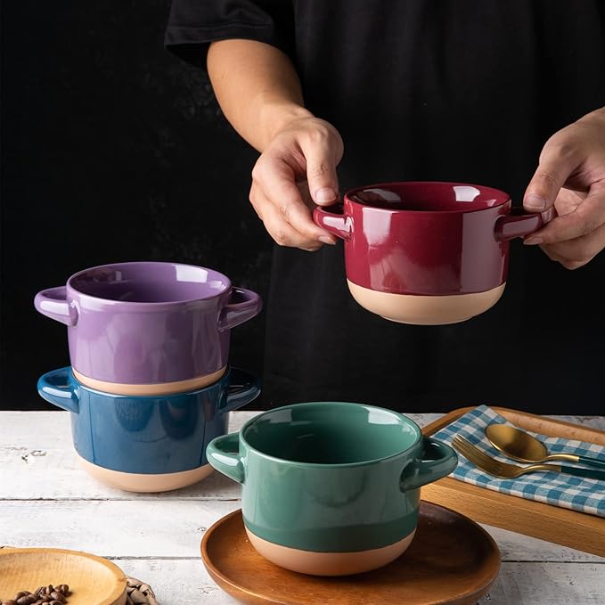 AmorArc 24 Ounces Soup Bowls with Large Handles and Lids, Stoneware Bowls Set of 2 for Soup, Cereal, Stew, Noodle, Colourful Ceramic Kitchen Bowls, Microwave&Dishwasher Safe, Green&Purple