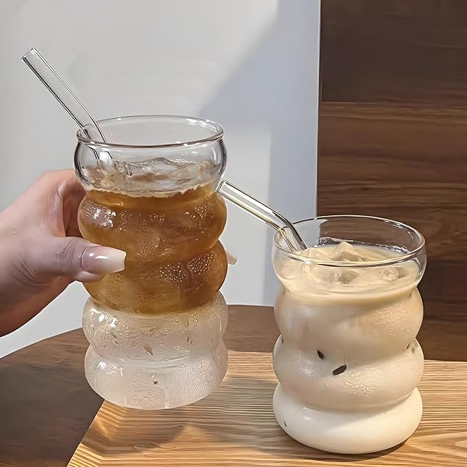 Ework4U 4 Pcs 20oz Drinking Glasses Set with Straws, Cute Iced Coffee Glass Cups, Iced Coffee Tumblers, Thick Drinking Jars for Smoothie, Boba Milk Tea, Ideal for Gift, with Straw Brush