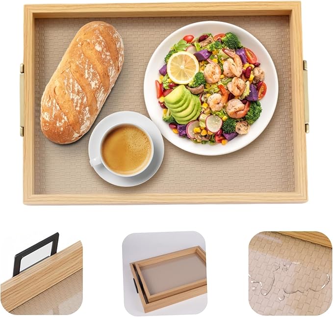 Leather Surface Wood Service Tray with Metal Handle, 2-Piece Food and Beverage Tray, Coffee Table, Breakfast, Dinner and bar, Kitchen, Party (Leather Surface/Large+Small)