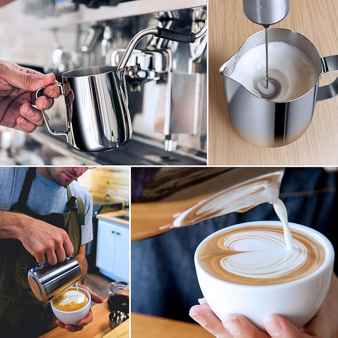 Milk Frothing Pitcher, 350ml (12oz) Steaming Pitchers Stainless Steel Milk Coffee Cappuccino Latte Art Barista Steam Pitchers Milk Jug Cup with Decorating Art Pen, Blue