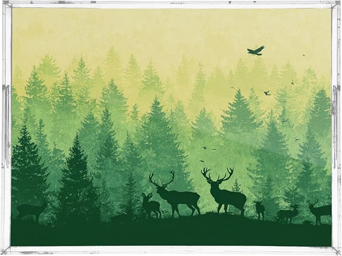 Serving Tray with Handles Clear Acrylic Tray 12x16 Inch Decorative Rectangular Tray Organizer for Ottoman Coffee Table Bathroom Gradient Yellow Green Deer Herd and Birds