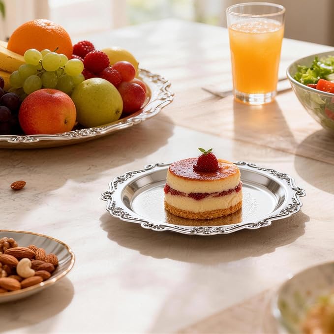 Silver Serving Tray, 2pcs 9. 8" Vintage Round Silver Platter, Decorative Metal Jewelry Plates, Floral Engravedjewelry Tray for Dessert & Fruit Display for Wedding, Home Decor, Entertaining Party