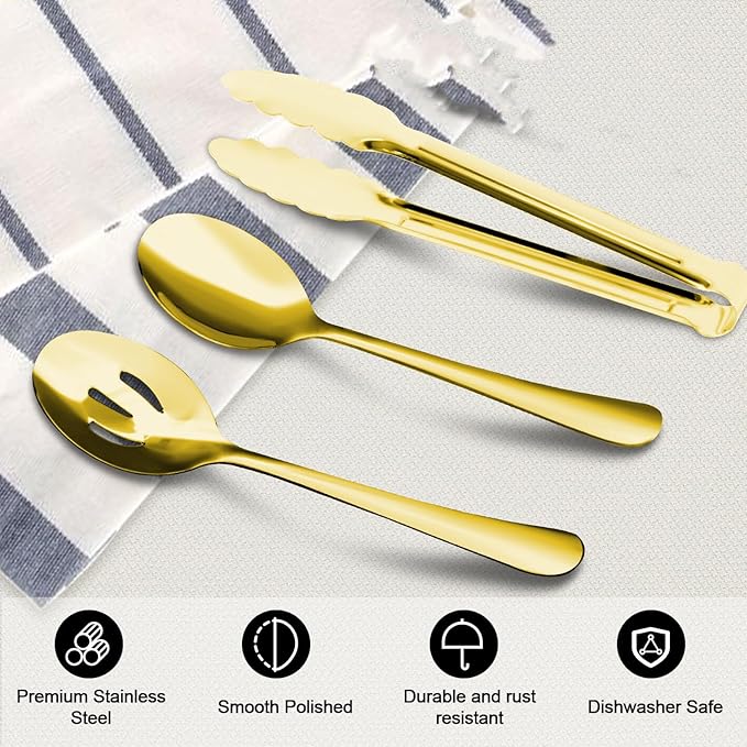 12PCS Gold Stainless Steel Serving Utensils Sets - Large Serving Spoons,Slotted Spoons,Serving Tongs,Utensills Sets for Buffet Catering Banquet Party