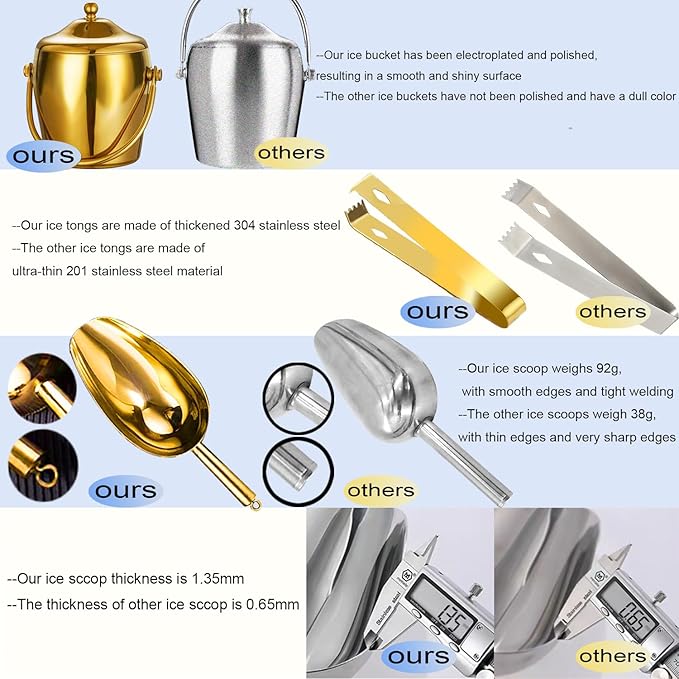 Ice Bucket Champagne Bucket with Tongs Scoop Lid, Double Wall Wine Bar Freezer Ice Bucket with Stand & Carrying Handle, Stainless Steel Mirror Bucket Champagne Bucket for Parties Bar Home,2L (Gold)