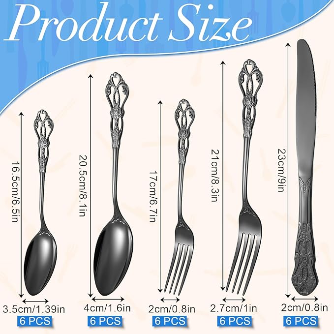30 Pcs Black Silverware Set, Gorgeous Retro Royal Flatware Set for 6, Stainless Steel Mirror Polished Flatware Cutlery Set Includes Fork,s Spoons and Knives, Dishwasher Safe Utensils