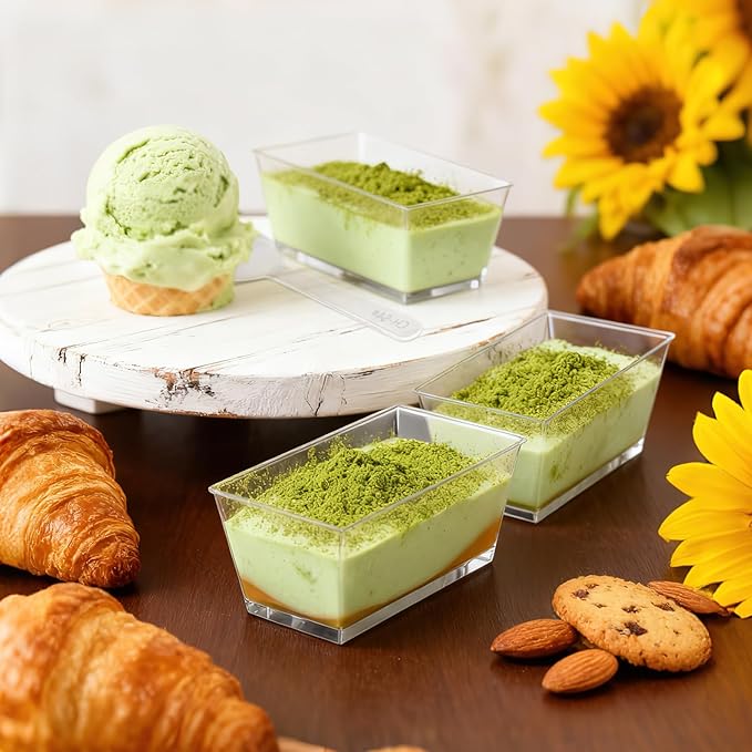 120 Pcs Clear Dessert Cups with Spoons, Reusable Clear Plastic Rectangle Parfait Cups, Mini Serving Bowls for Fruit Ice Cream Desserts Appetizers Puddings Mousse