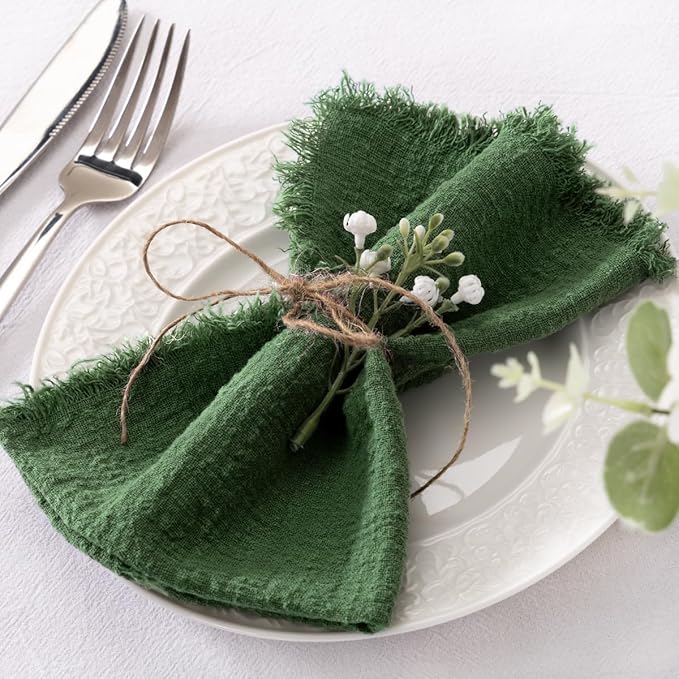 Socomi Set of 12 Linen Napkins Green Easter Spring Cloth Napkins Washable Cotton Dinner Napkins Fringe 17"x17" for Wedding Party Bridal Baby Shower Birthday Table Decorations