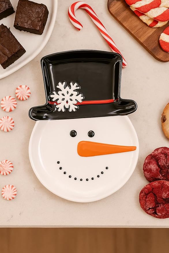 The Bridge Collection 12.5" Christmas Jolly Snowman Plate with Spreader - 2 Piece Set - Wintery Smiling Snowman Serving Dish with Matching Spreader