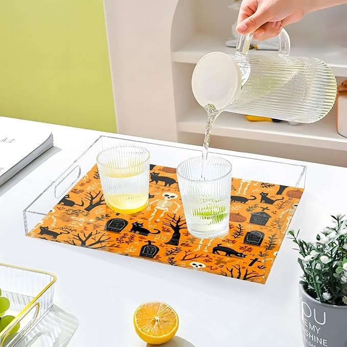 Serving Tray with Handles Clear Acrylic Tray 12x16 Inch Decorative Rectangular Tray Organizer for Ottoman Coffee Table Bathroom Orange Skeletons Cat Bats Tombstones Dead Trees