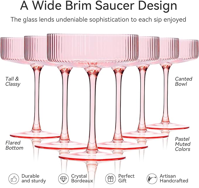 Cyrelwing 9 oz Pink martini glasses Vintage Art Deco Blush Pink Coupe Glasses Set of 6 Pink Ribbed Cocktail Glasses for Espresso Martini, Champagne,Cosmopolitan,Manhattan,Cocktail