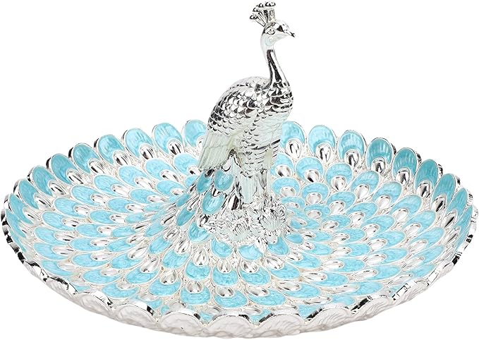 Peacock Shape Fruits Serving Tray, Zinc Alloy Fruits Storage Dish Trinket Decorative Plate with Detachable Peacock, for Vegetables, Snacks, Bread, Candy (Silver Light Blue)