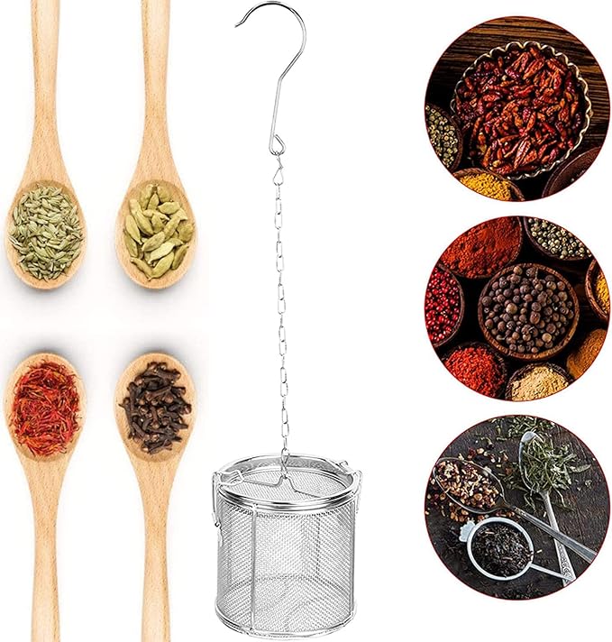 Seasoning Strainer, Stainless Steel Spice Filter, Cooking Spice Filter, Mesh Design Tea Ball Strainer Soup Seasonings Seperation Basket Filter with Chain Hook for Home Restaurant (10 * 10cmLarge Size)