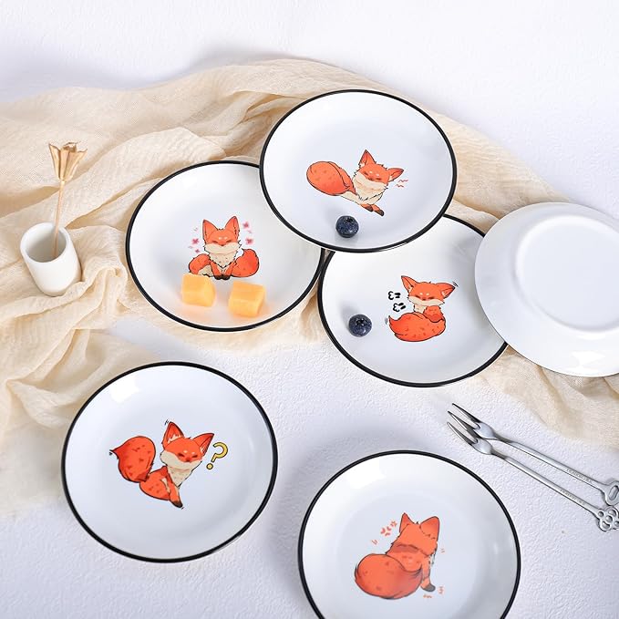 SOCOSY Super Cute Cartoon Animal Ceramic Sauce Dishes, Seasoning Dishes, Little Cat Dog Bird Feeding Bowls, Sushi Soy Dipping Bowls, Appetizer Plates, Dessert Plates, Set of 6-Fox-5 Inch