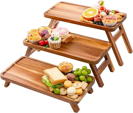 3 Tier Serving Tray Acacia Wooden Cupcake Stand Foldable Dessert Table Display Set Decor Wood Platters Trays for Party Charcuterie Boards for Birthday, Wedding, Christmas