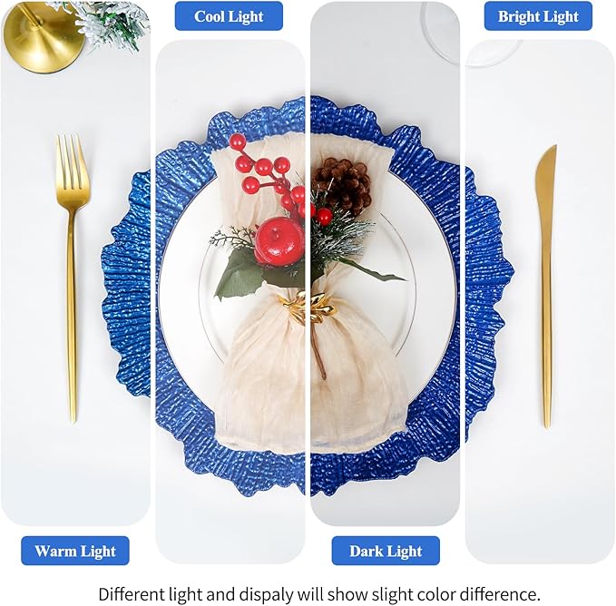 50 Pack Royal Blue Charger Plates Bulk, 13" Plastic Reef Chargers for Dinner Plates, Round Charger Plate with Floral Reef Design for Dinner Wedding Party Table Setting Decoration