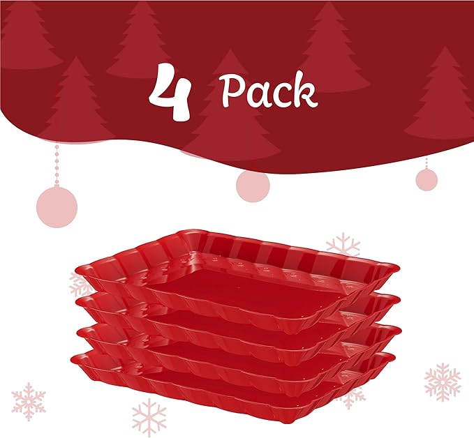 Plasticpro Plastic Serving Trays - Serving Platters Rectangle 9X13 Disposable Party Dish Includes 4 Red Christmas Trays