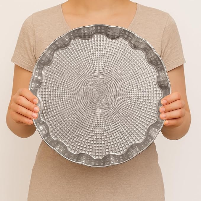 Alisveristime Round Metal Serving Tray for 6 – Ottoman Motif, (13.8" Diameter, 17.5 oz) (Silver)