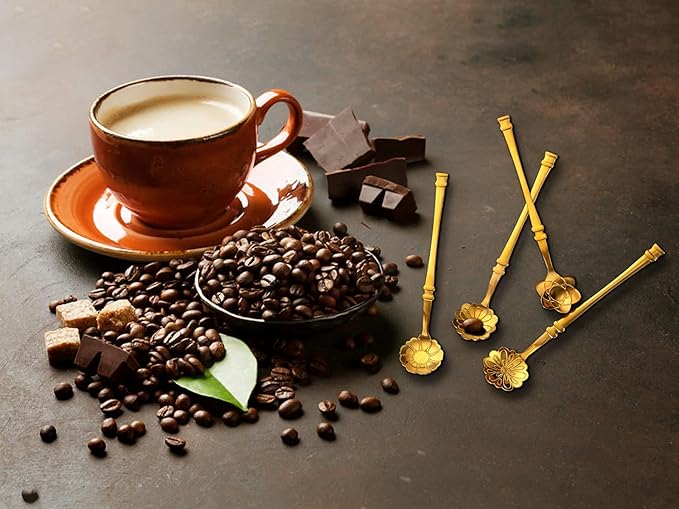 10 Pcs Flower Spoon Coffee Teaspoon Set, Stainless Steel Tableware Creative Dessert Spoons Sugar Coffee Teaspoon Ice-Cream Mixing Stir Bar Ice Tea Spoon (Gold)