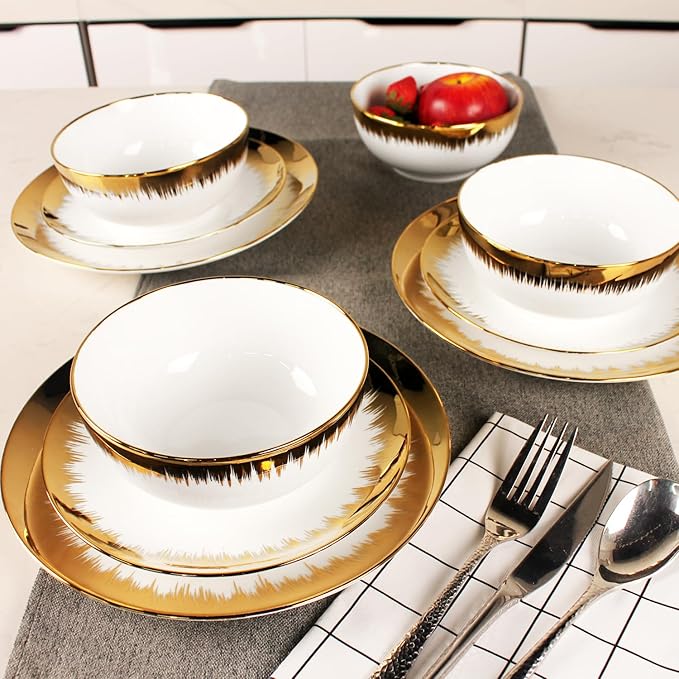 Dinnerware Sets(12Pcs) Serves for 4, Modern Dinnerware, Gilded Edge Plates and Bowls Set with 8.3"Small Plate 10.2"dinner Plate 6.1"Soup bowl, apply Indoor Outdoor (Gilded set)