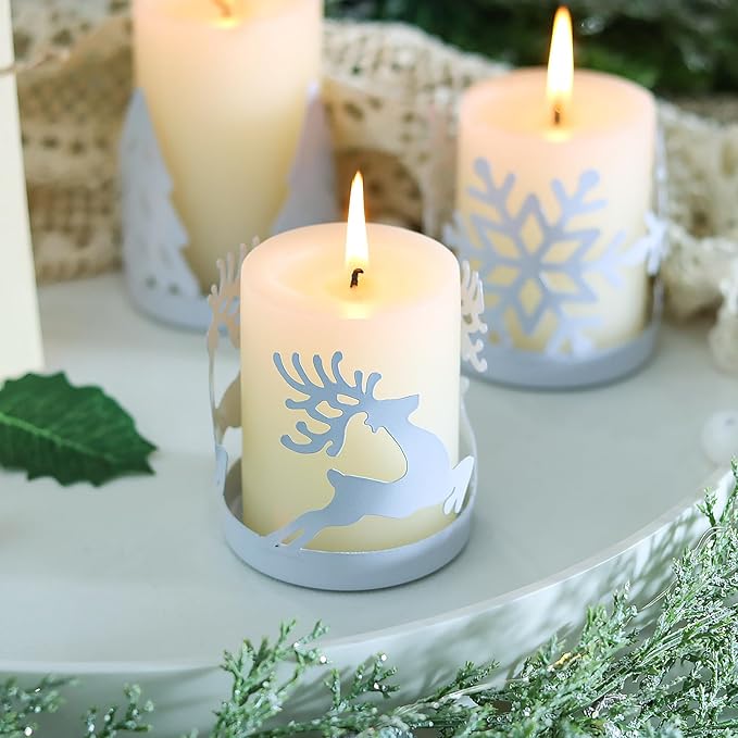 Christmas Candle Holders Set of 4, Metal Christmas Table Decor Centerpiece Pillar Tealight Votive Candle Holders, Vintage Indoor Christmas Table Decorations 4PCS