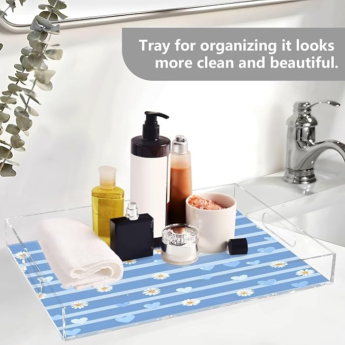 Serving Tray with Handles Clear Acrylic Tray 12x16 Inch Decorative Rectangular Tray Organizer for Ottoman Coffee Table Bathroom Blue Striped Hearts and Daisy