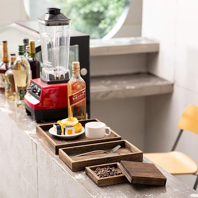 Yangbaga Rustic Wooden Serving Trays with Handle - Set of 7 Rectangular Platters for Entertaining, Breakfast, Coffee Table, Home Decor