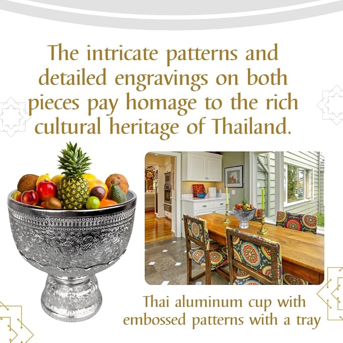 Thai Buddhism Bowl & Tray with Embossed Patterns, Silver Aluminum, Vintage Collection (16 CM)