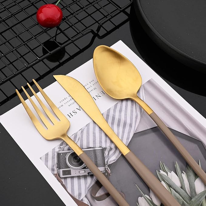 JASHII Slim Handle Silverware Set 20 Pieces, 304 Stainless Steel Colorful Flatware Set, Titanium Plating Cutlery Set, Utensil Sets for Home Dinner Service for 4, Dishwasher Safe - Brown&Gold