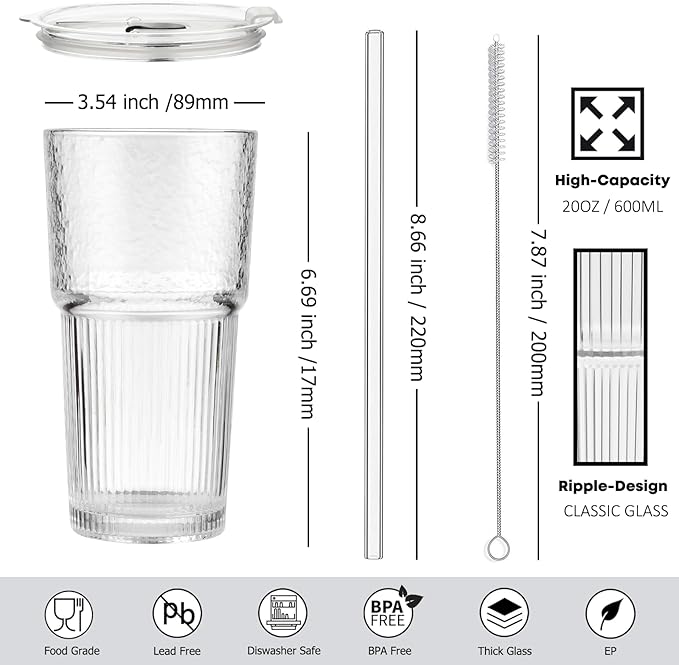 ALINK 20oz Glass Tumblers with Lids and Straws, Set of 2 - Stylish Ribbed Design Drinking Glasses for Iced Coffee Cups, Juice, Smoothies, Cold Beverages, Includes Cleaning Brush, Durable Glassware