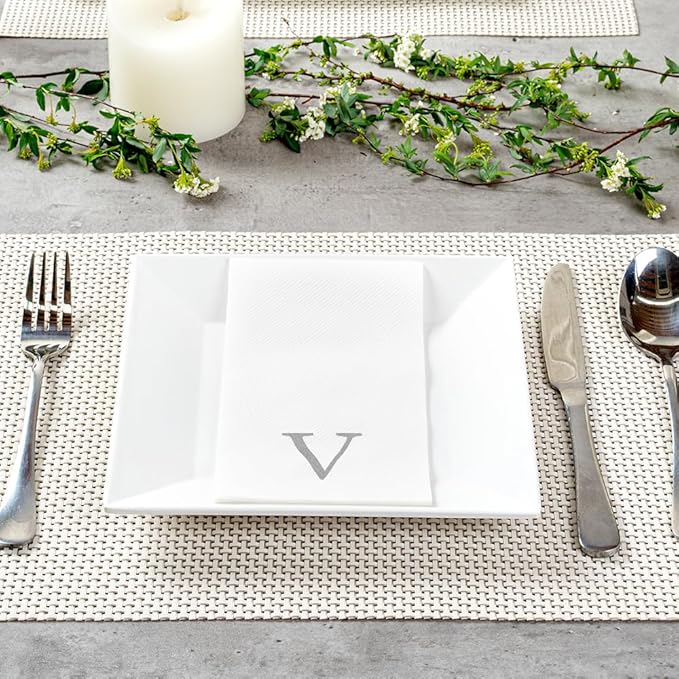 Luxenap 15.8 X 7.9 Inch Linen-Feel Guest Towels, 2000 Lettered Hand Towels - Silver Letter 'V', Sans Serif Font, White Paper Dinner Napkins, airlaid, For Restrooms And Tables - Restaurantware