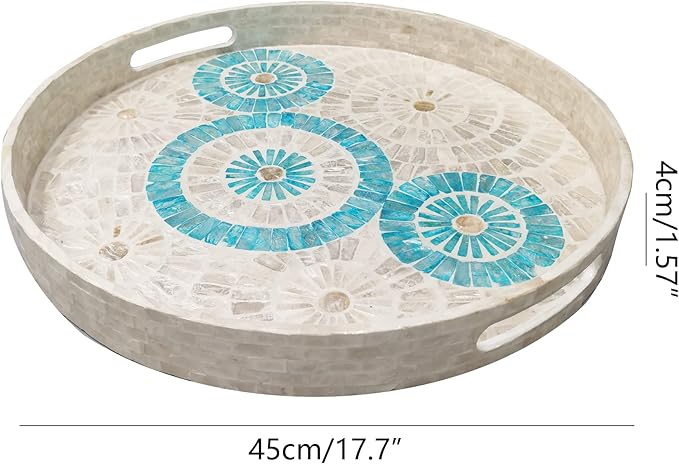 i-lan 18 Inch Round Mother of Pearl Serving Tray, Blue Nacre Inlay Decorative Ottoman Tray with Handles, Handmade Shell Coffee Table Tray for Food, Catering and Home Decor