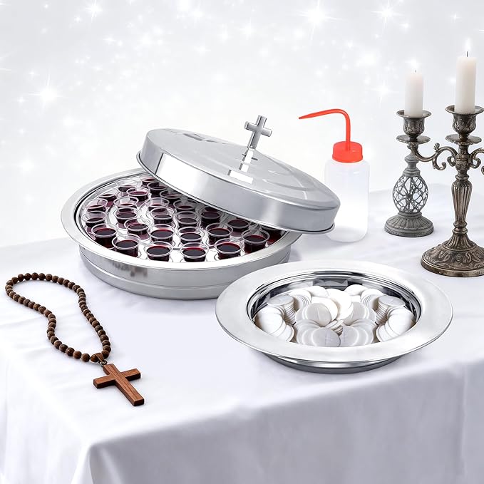 Stainless Steel Communion Tray Set for Church – 1Pcs Communion Wine Tray with 1 Lid & 1Pcs Bread Plate with Lid, Includes 100 Disposable Cups, Cups Filler