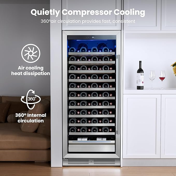 Yeego Wine Fridge – 24 Inch Wine Cooler Refrigerator 40°F-65°F, 304 Stainless Steel Glass Door Lock, Temperature Memory Blue & White LED Built-in Fridge Left-hand Opening with Drawer (89 Bottle)