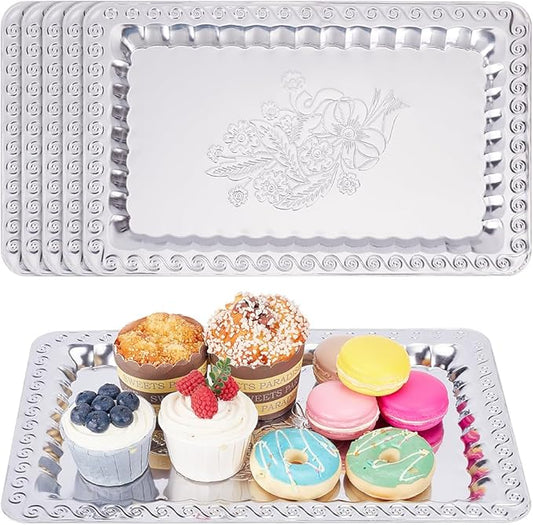 ORIGACH 6 Pack 9.84x8.54 Inch Sliver Serving Trays Set, Engraved Floral Swirl Mirror Tray, Stainless Steel Tableware Platters for Cookies, Snacks, Desserts, Wedding & Birthday Display