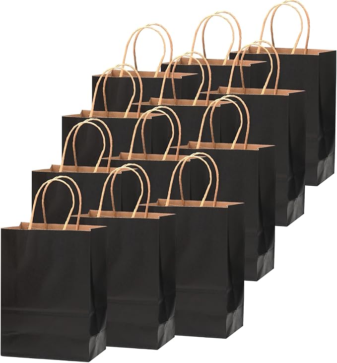 qiqee 26-Packs Black Gift Bags with Handles Bulk 8.3"x3"x 6" Small Size Kraft Party Paper Bags