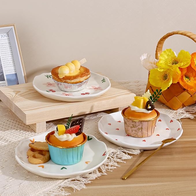 Koythin Ceramic Dessert Plates, Cute Fruits Dinner Plate, Creative Plates Design, Printed Flowers Dinnerware for Office and Home, Kitchen Plates for Desserts (Small Love)