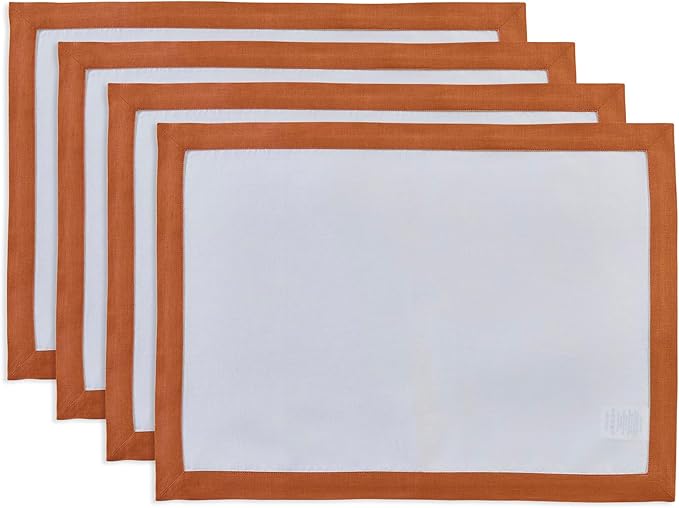 Solino Home Linen Placemats Set of 4 - Cinnamon and White Placemats 14 x 19 Inch - 100% Pure Linen Table Place Mats - Classic, Handcrafted and Machine Washable