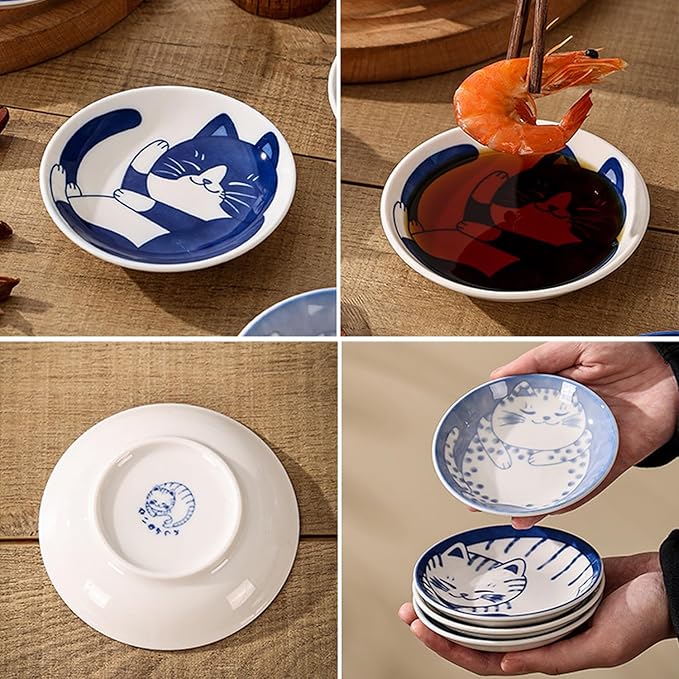 Fashion & Lifestyle Japanese Cute Cat Ceramic Sauce Dish, Seasoning Dish Sushi Soy Dipping Bowl, Appetizer Plates, Serving Dish for Kitchen Home Set of 4