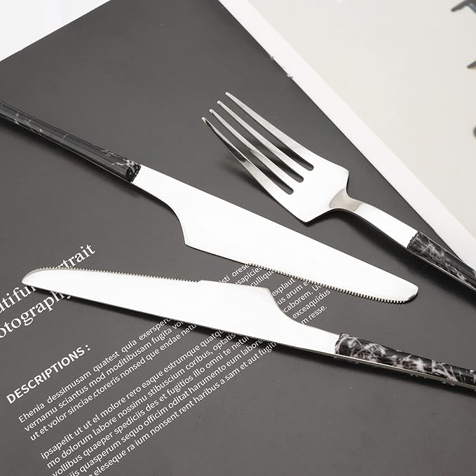 Stainless Steel Silverware Set with Holder - 25 PCS Silver Flatware Cutlery Set - Black Marble Texture Handle Design - Hanging Metal Eating Utensils Set Service for 6 - Party Tableware Set
