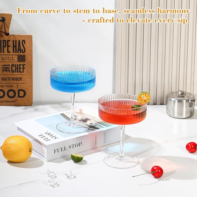 FERAHI 6 Pcs Ribbed Coupe Glasses, 10 oz Vintage Martini Glasses Set, Cute Espresso Martini Glass & Champagne Coupe Glass, Elegant Bar Glassware for Cocktails, Wine, Outdoor Entertaining & Gifts