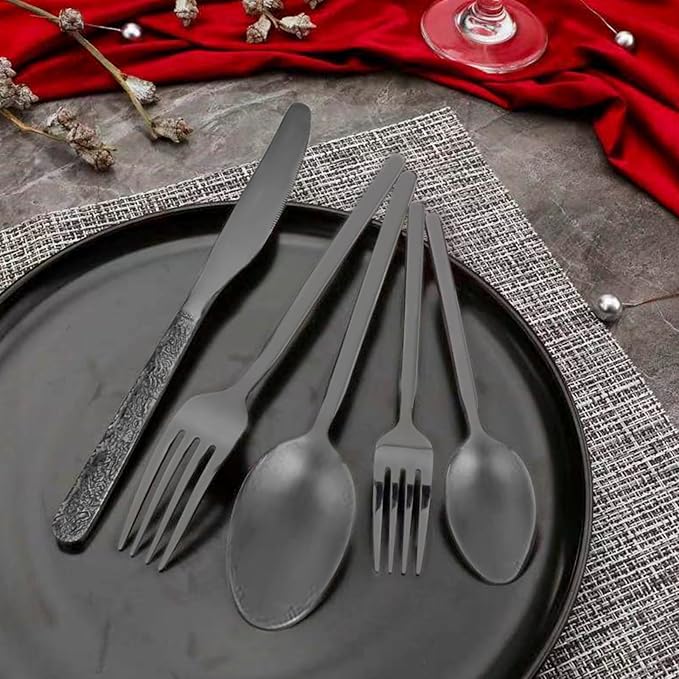 20-Piece Black Silverware Set, Hammered 18/10 Stainless Steel Flatware Set for 4, Food-Grade Cutlery Set, Tableware Set Including Fork Knife Spoon Set,Dishwasher Safe